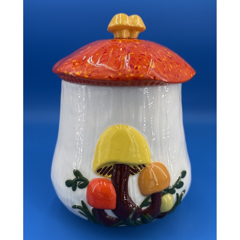 Vintage Arnels Mushroom Canister 9"Cookie Sugar Jar Orange Speckled 1970's